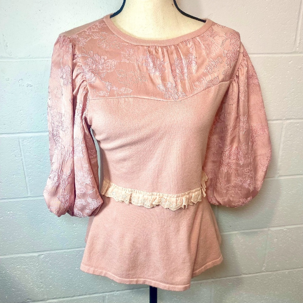On Twelfth Pink Dusty Rose Balloon Sleeve Floral w Eyelet Trim Blouse